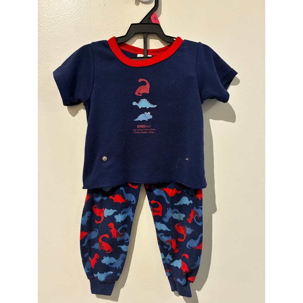 Carter's 2000s Kids Navy Blue Dinosaur Pajama Set Short Sleeve Top Pants 3T